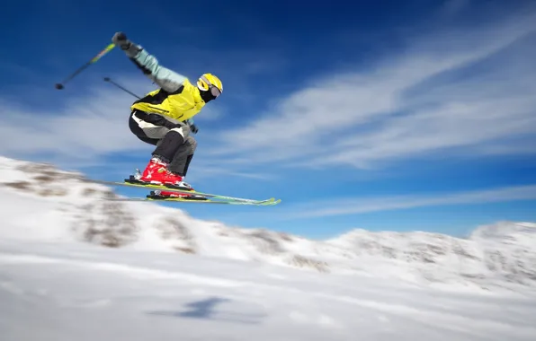 Picture snow, flight, movement, sport, extreme, skier