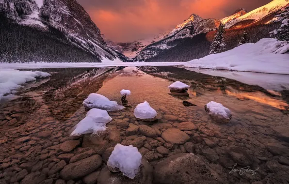 Picture winter, light, morning, Canada, Albert, rocky mountains, January, Banff national Park, glacial lake, Louise