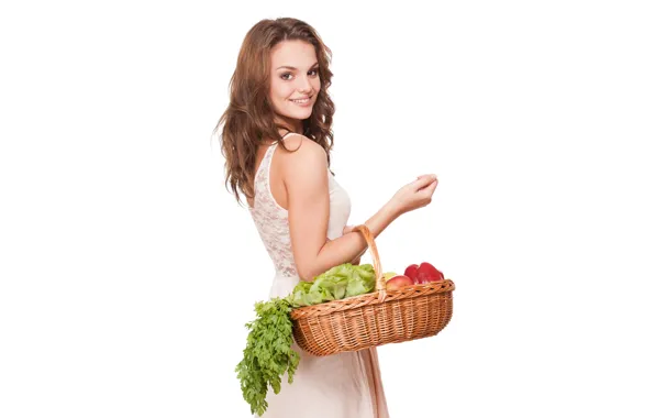 Picture greens, girl, red, apples, dress, white background, pepper, brown hair, fruit, is, beautiful, vegetables, in …