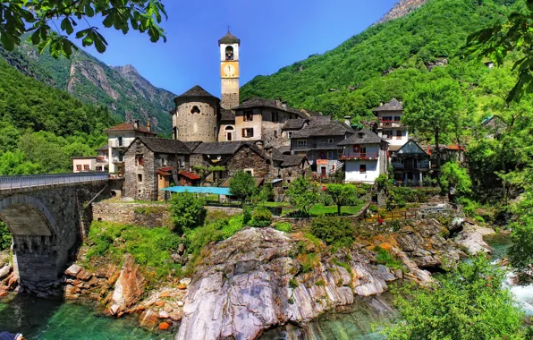 Picture the sky, trees, landscape, mountains, bridge, rock, river, tower, home, Switzerland, slope, lavertezzo, ticino