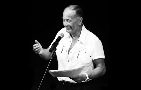 Picture smile, b/W, male, microphone, black background, writer, black and white, comedian, mr mihail zadornov, playwright, …