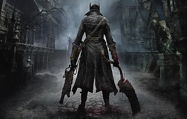 Picture The city, Blood, Weapons, Cloak, Hunter, PlayStation 4, PS4, 2015, From Software, Bloodborne