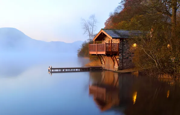 Picture autumn, fog, lake, dawn, pier, the barn