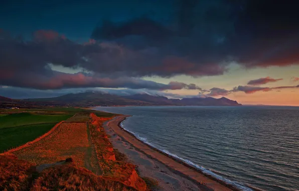 Picture sea, field, the sky, sunset, mountains, clouds, shore