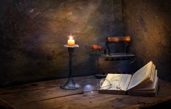Picture candle, glasses, book, cross, iron, Seclusion
