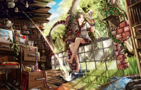 Picture the sky, glass, water, girl, clouds, trees, nature, table, lamp, bird, books, plants, anime, art, …