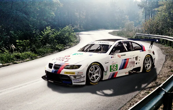 Picture road, forest, white, BMW, BMW, white, E92, stickers, decal, labels, race car