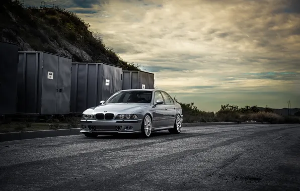 Picture road, blue, bmw, BMW, front view, blue, containers, e39