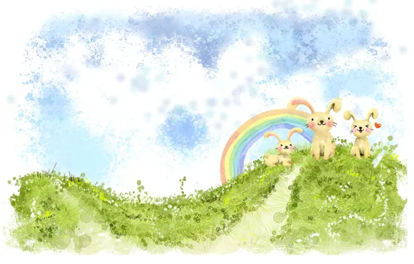 Picture greens, clouds, figure, rainbow, hill, rabbits, Kawai, heart, bunnies