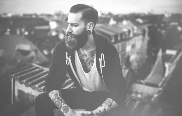 Picture roof, eyes, hair, home, the hood, beard, tattoo, men, city, city