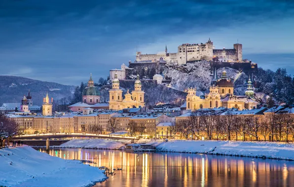 Picture winter, snow, landscape, bridge, river, castle, mountain, home, the evening, Austria, fortress, promenade, Salzburg, palaces, …