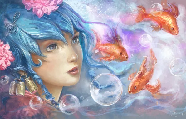 Picture eyes, look, water, girl, fish, bubbles, art, painting, blue hair