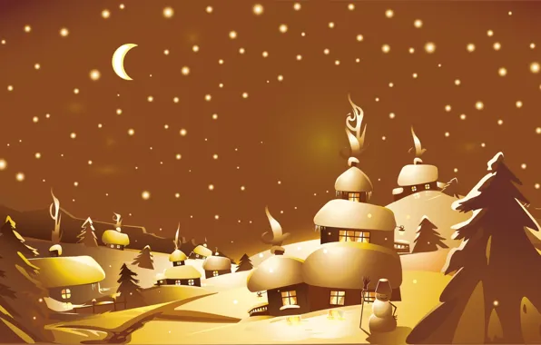 Picture winter, snow, night, hills, Windows, stars, a month, houses, snowman, tree, smoke