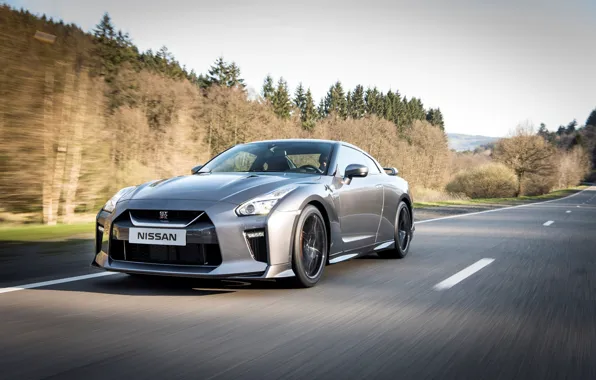 Picture road, auto, trees, speed, silver, Nissan, GT-R, sports car