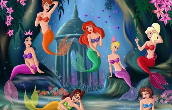 Picture fish, algae, flowers, castle, cartoon, mermaid, tale, corals, underwater world, gazebo, underworld, Princess, sea, Ariel, …