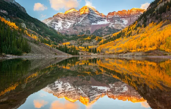 Picture autumn, forest, reflection, lake, Colorado, USA, rocky mountains, state, Maroon Bells