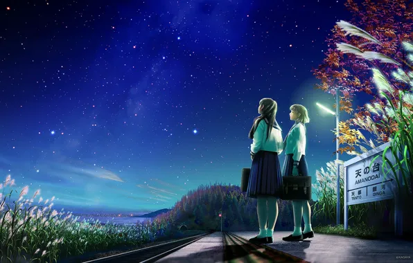 Picture road, stars, night, nature, girls, sign, anime, art, form, Schoolgirls, kagaya