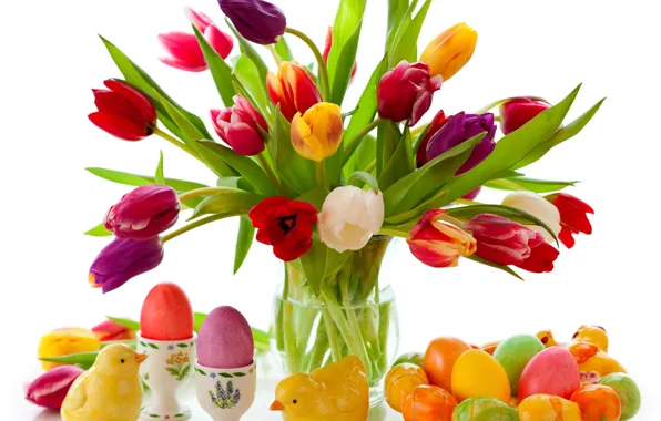 Picture flowers, eggs, spring, colorful, Easter, tulips, flowers, tulips, spring, painted, eggs, easter