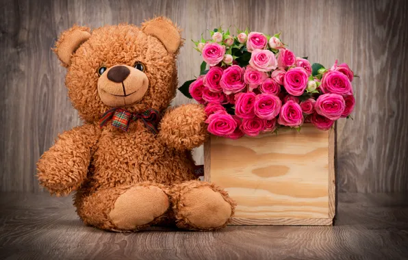 Picture basket, roses, bouquet, bear, bear, pink, flowers, romantic, roses, basket, with love, Teddy