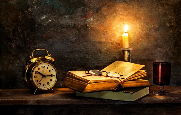 Picture watch, candle, old books, Time to turn in