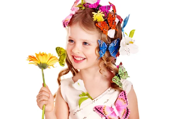 Picture flower, butterfly, flowers, sunflower, Girl, blonde, girl, curls, beautiful, the beauty, hairstyle, blue eyes, baby, …