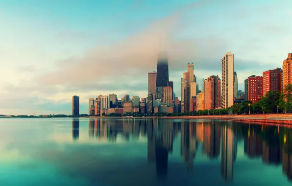 Picture water, the city, fog, skyscrapers, Chicago, Illinois