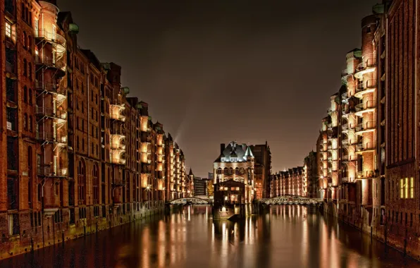 Picture light, night, bridge, building, home, Germany, Hamburg, Germany, Memory city, Hamburg