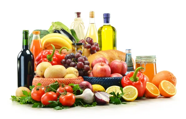 Picture greens, wine, apples, oil, bow, juice, bread, grapes, eggplant, bananas, pepper, fruit, honey, vegetables, tomatoes, …