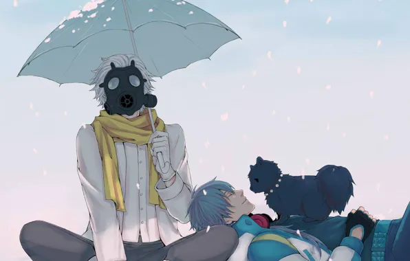 Picture snow, umbrella, scarf, gas mask, guys, doggie, Clear, DRAMAtical Murder, Aoba