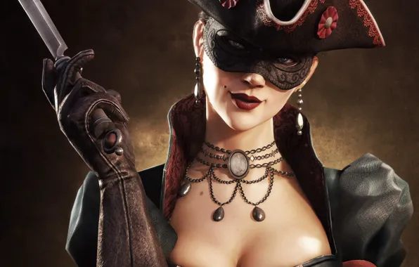 Picture chest, look, girl, smile, hat, necklace, mask, lips, knife, gloves, mole, killer, assassin, multiplayer, cocked …