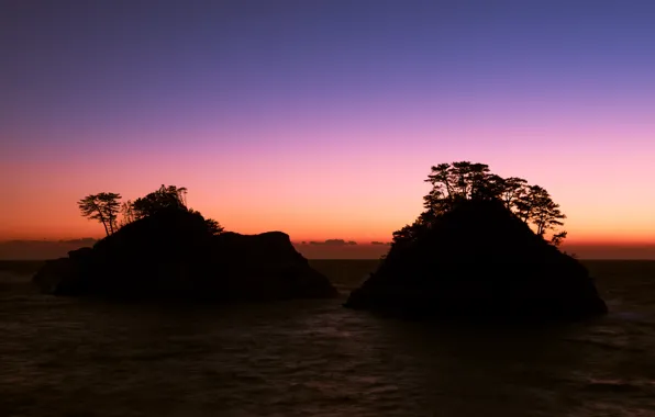 Picture sea, the sky, trees, sunset, rocks, shore, the evening, Japan, horizon, Shizuoka Prefecture