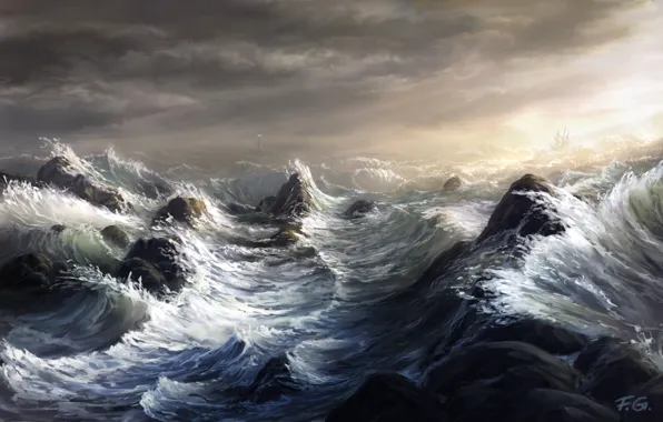 Picture sea, wave, storm, rocks, lighthouse, ship, sailboat, art, Fel-X, reefs