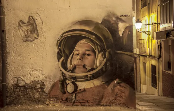 Picture wall, graffiti, astronaut, the suit, hero, USSR, legend, pilot, Graffiti, Yuri Gagarin