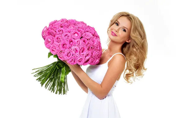 Picture flowers, smile, roses, bouquet, makeup, dress, hairstyle, blonde, white background, beauty, in white