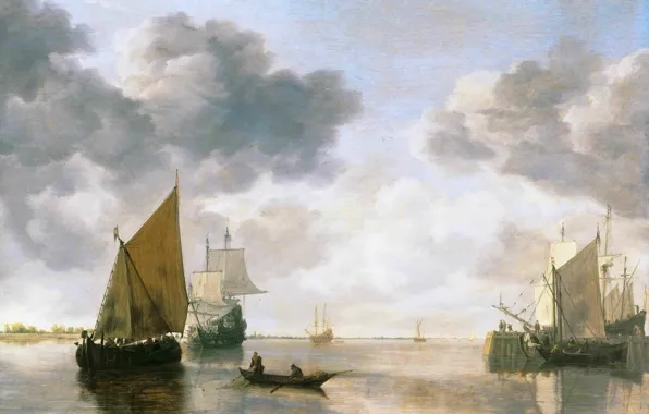 Picture sea, the sky, landscape, clouds, people, boat, ship, sailboat, picture, horizon, sail, Simon Jacobsz de …