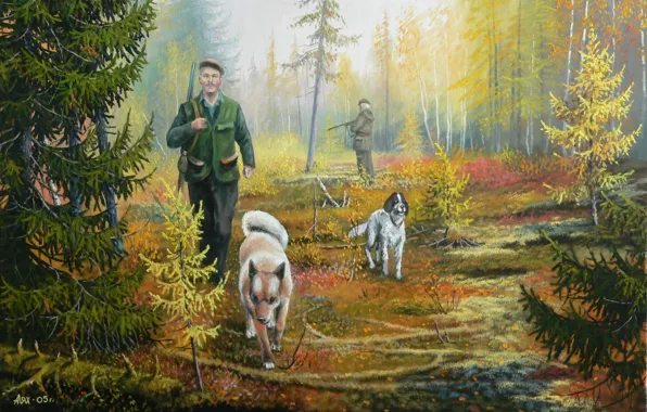 Picture nature, dog, art, taiga, hunter, Andrey Lyakh