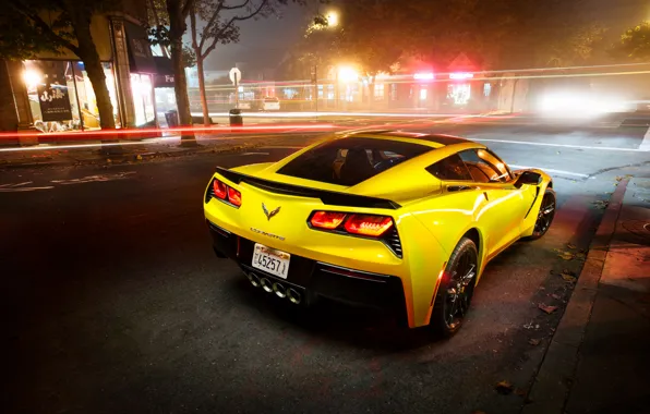 Picture night, the city, lights, excerpt, Corvette, Chevrolet, rear view, Coupe, Stingray