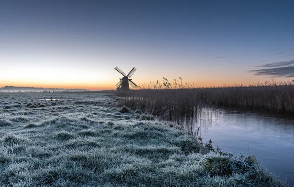 Picture frost, river, mill