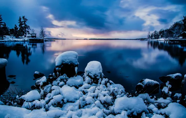 Picture winter, the sky, water, snow, nature, stones, the evening, Stockholm, Sweden, Sweden, Stockholm