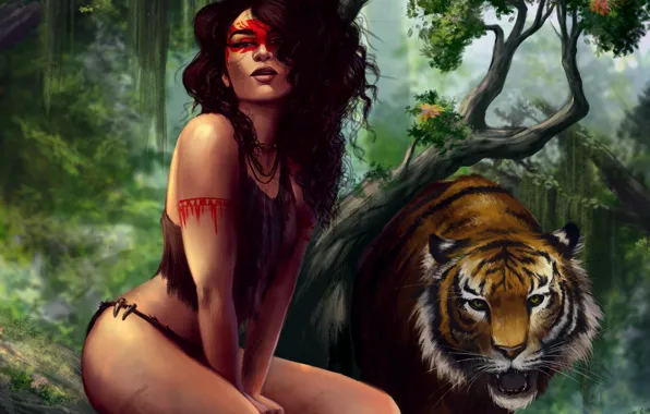 Picture forest, look, girl, trees, tiger, pose, animal, predator, art, sitting, Amazon