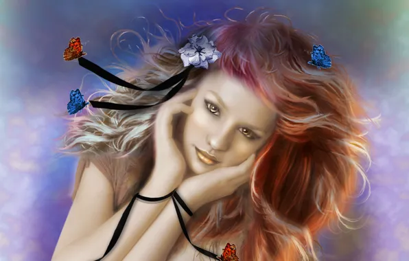 Picture flower, look, girl, butterfly, face, background, hair, hands, art, painting, ribbons