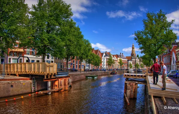 Picture bridge, river, HDR, Netherlands, construction, promenade, Netherlands, Groningen, Groningen