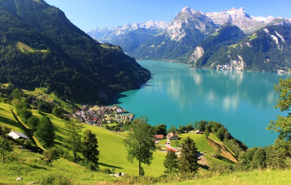 Picture forest, snow, landscape, mountains, lake, rocks, Switzerland, town, Switzerland, scenery, home., Morschach, Shwyz