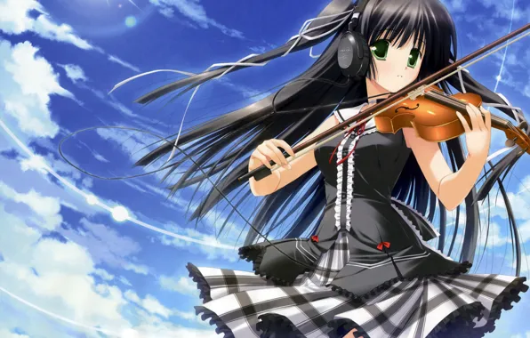 Picture the sky, look, girl, violin, anime, headphones, form