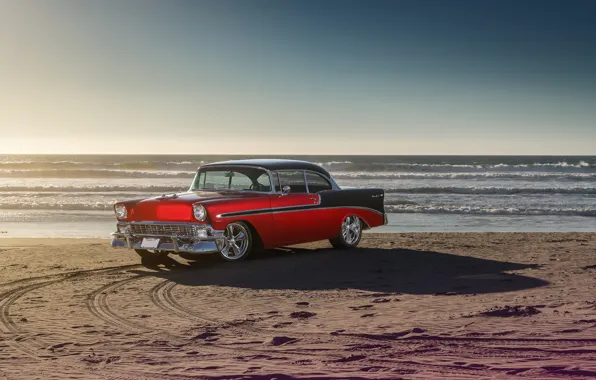 Picture Chevrolet, Car, Front, Bel Air, Sun, Water, Old, Summer, Sea, 1956