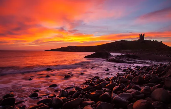Picture sea, stones, shore, England, silhouette, glow, Northumberland, castle Dunstanburgh