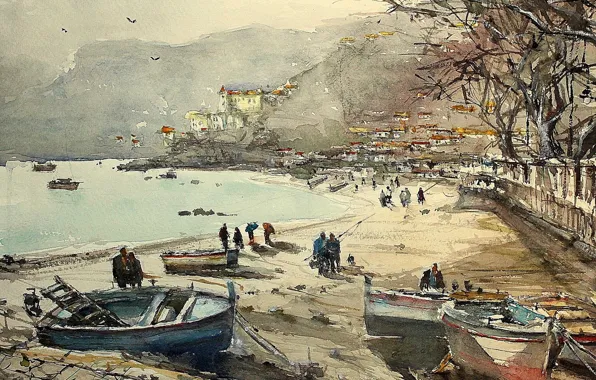 Picture sea, landscape, mountains, boat, picture, Bay, watercolor, promenade, Maximilian DAmico