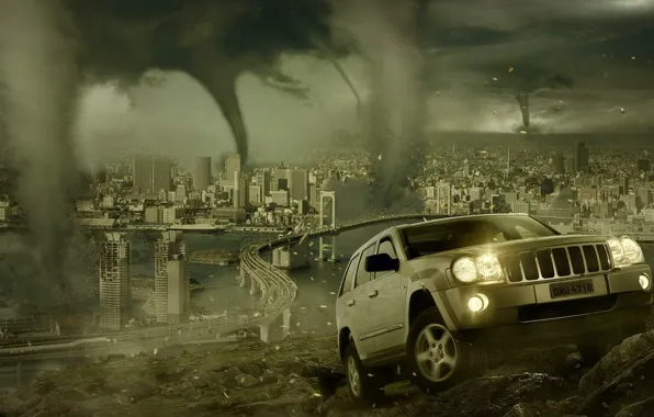 Picture the city, disaster, SUV, tornado