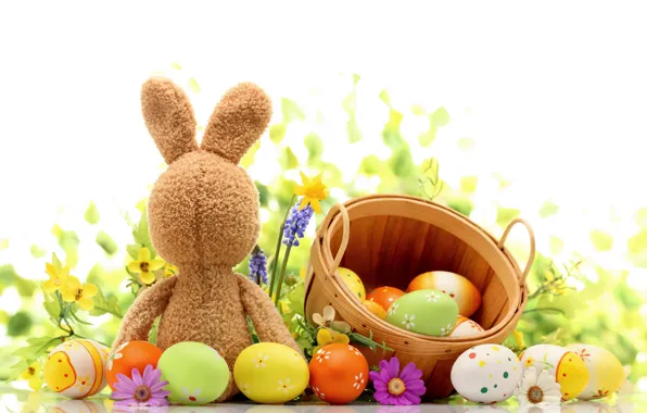 Picture grass, flowers, eggs, spring, rabbit, Easter, grass, flowers, daffodils, spring, eggs, easter, bunny, daffodils