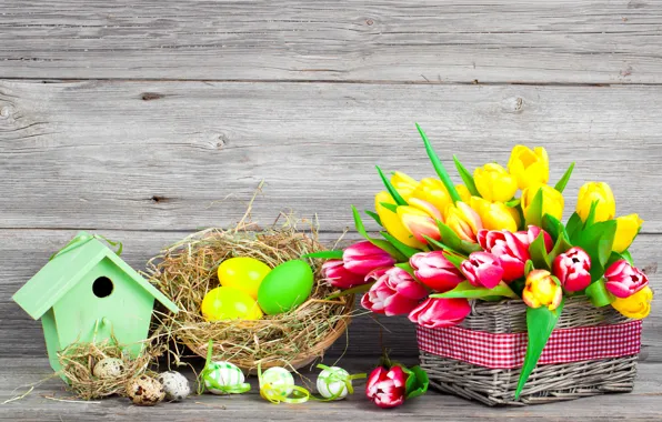 Picture flowers, eggs, spring, colorful, Easter, tulips, flowers, tulips, spring, painted, eggs, easter